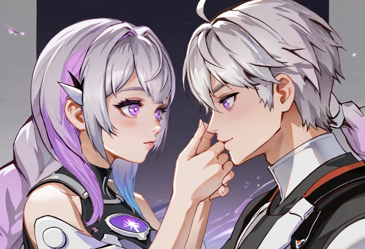 score_9,2peoples,yinji,purple_hair,purple_eyes,very_long_hair,grey_hair,twin_braids,large_breasts,gradient_hair,symmetry,contrast,eye_contactinter,hand_on_another's_cheek,1boy,