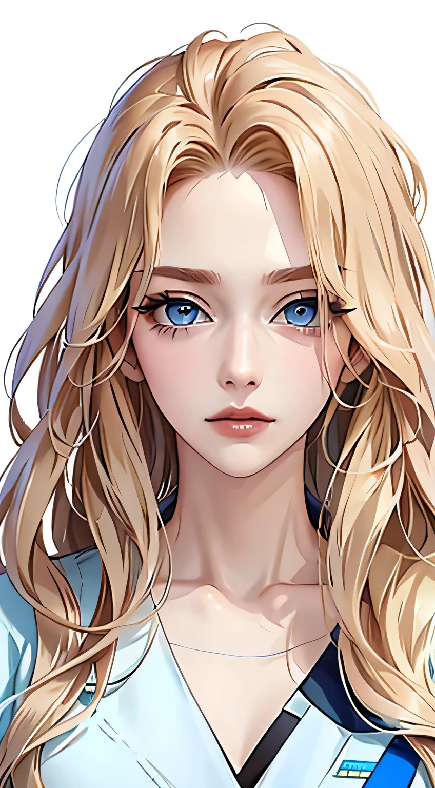 Woman, ((blonde hair, Wavy hair, wild hair, long hair, Blue eyes)), serious look, Serious expression on his face, medical gown, White shirt, portrait, half of the body, aura of calm, makeup, anime style, (beautiful eyes, Detailed eyes, half-closed eyes)