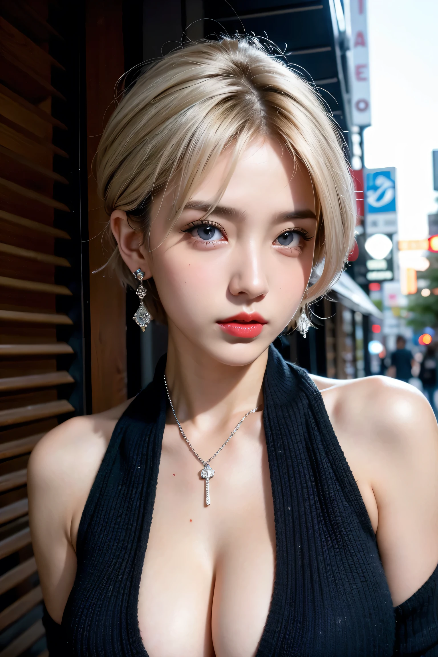 Beautiful college girl in the city, masterpiece, light makeup, red lips, silver hair, messy short cut, city background, beautiful, elegant. Very fine details, masterworks, authentic texture, cinematic lighting realism, perfect work, 16k, high resolution, exquisite features, blue eyes, Japanese idol, beautiful face, sad, crying, tears, brown hair, beautiful hair, attractive, big breasts, erect nipples, greasy muscles, shiny skin, tanned skin, shiny black skin, sexy knit sweater, bright big eyes, smooth skin, earrings, necklace, tattoo
