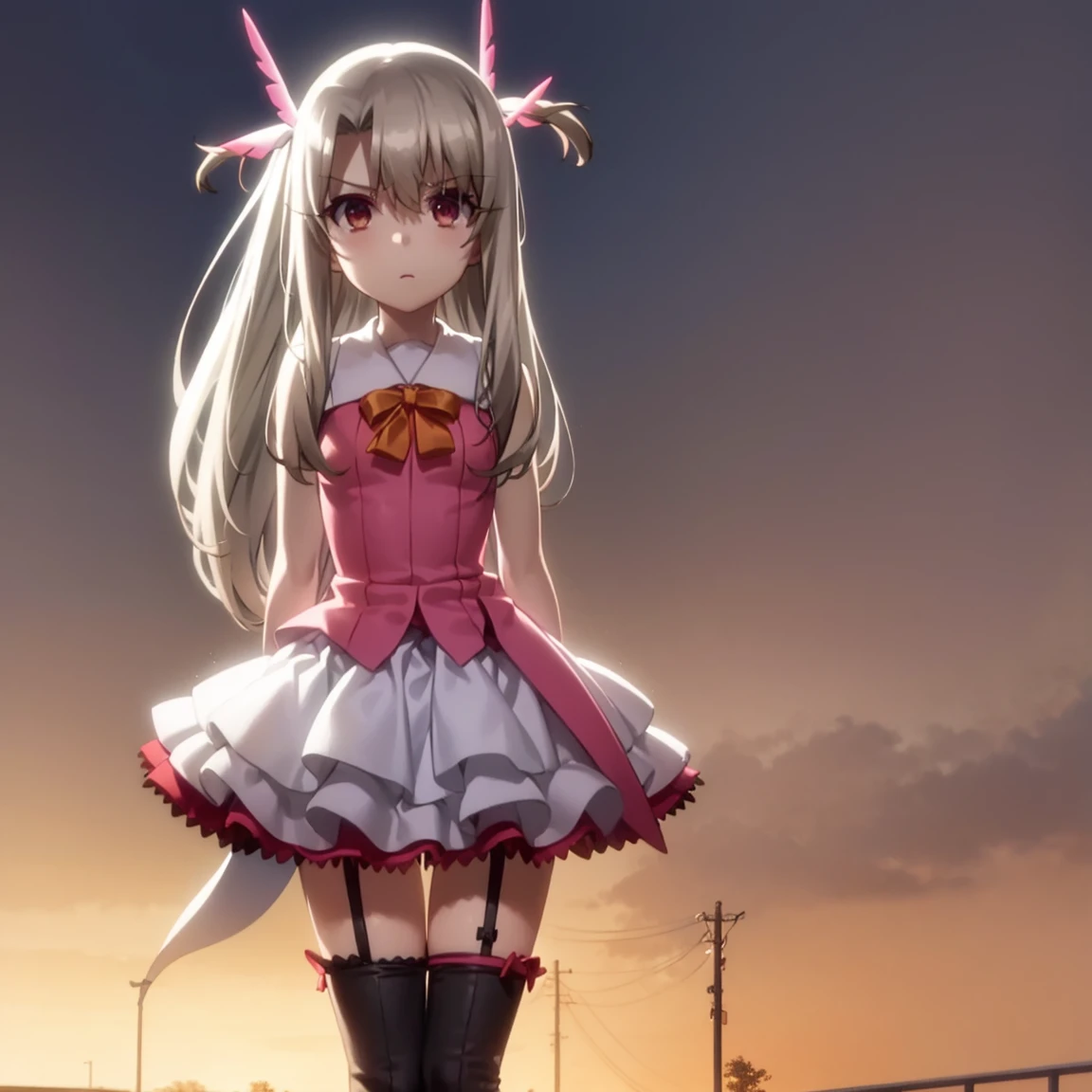 illya,a cute young girl, brown_eyes, black_hair, long_hair, bangs, hair_between_eyes, front hair_ornament, hairclip,solo, perfect hips, perfect curves, shiny skin, perfect anatomy, mini pleated skirt 3 inches with ruffle, dark garter belt , lace, high white socks, white boots with pink bow,
