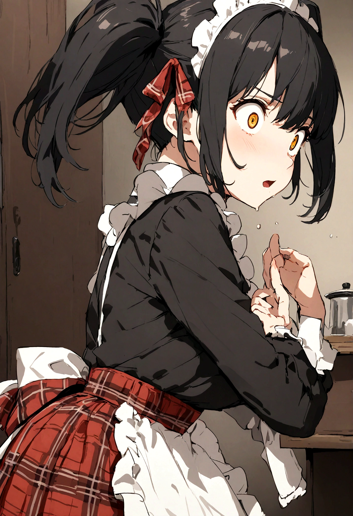 kawaii, anime, ((1woman)),((Side view)), ((close-up)), UHD, retina, masterpiece, accurate, anatomically correct, textured skin, super detail, high details, high quality, best quality, highres, 1080P, HD, 4K, 8K,
Break
medium hair, twin tails, black hair,
(maid outfit), (black and white frilly apron), (red plaid skirt), surprised with wide eyes