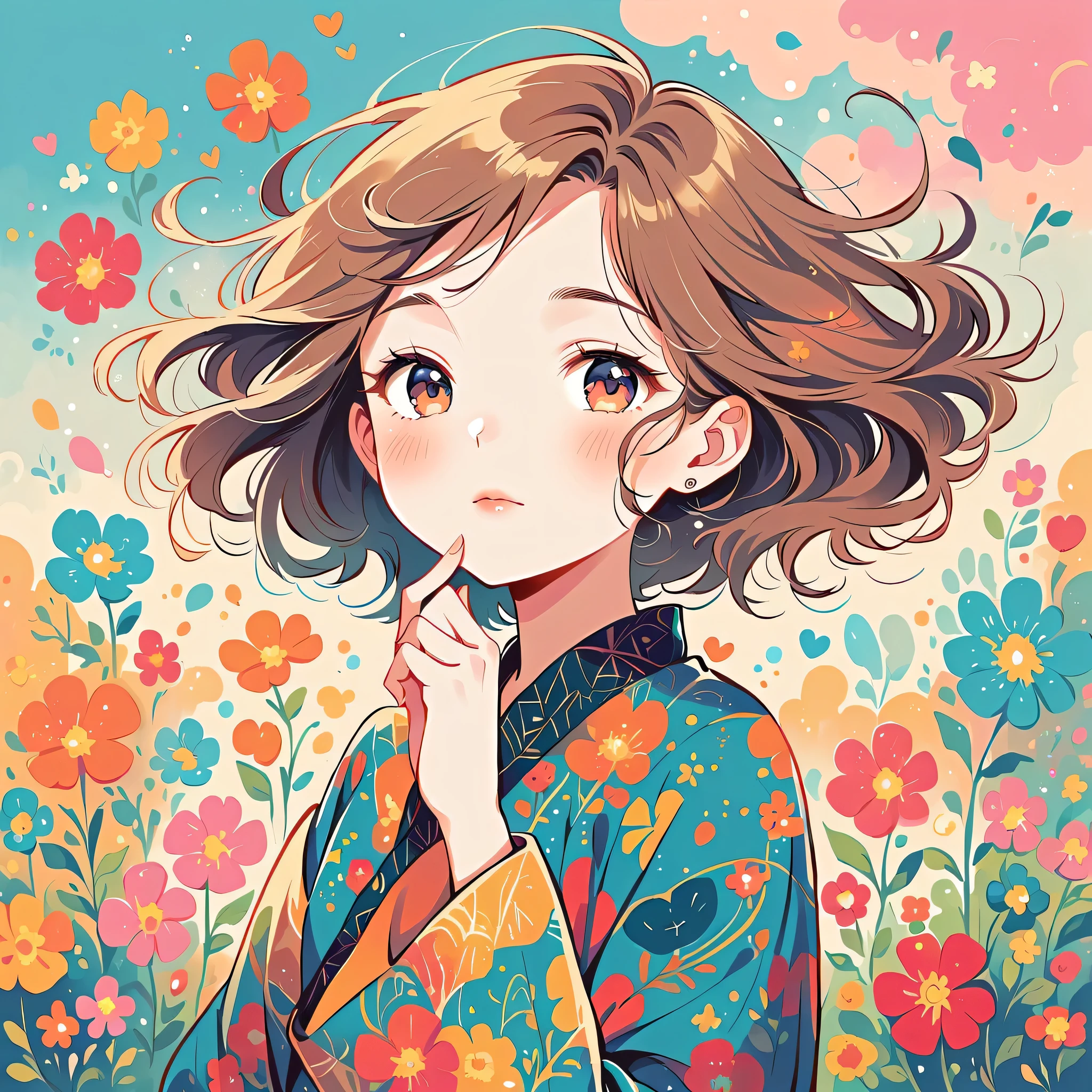 Mai Yoneyama style, Standing in front of a high wall,Simple Line Initialism,Abstract art,Urban Background, (((The most beautiful girl))), colorful flowers, Lips in Love