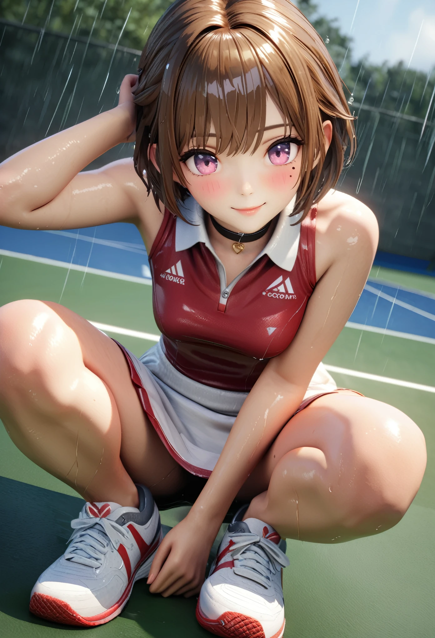 masterpiece, best quality, very detailed, high resolution, expensive solution, high resolution, 4k, 8k, Unity 8k wallpaper, highly detailed CG, masterpiece, 2d, 3d, beautiful details, depth, fine texture, best quality: 1.3, total concentration, transparent skin, him, very cute anime girl, expensive brown short hair, one girl, tennis uniform,, tennis shoes, tennis court, it was raining heavily and she was soaking wet. The tennis uniform was see-through and her hair was soaking wet, smiling brown short hair, full body, tennis court, heavy rain, mole under eye, gaze, expensive, blush, lips parted, heart, pink eyes, choker