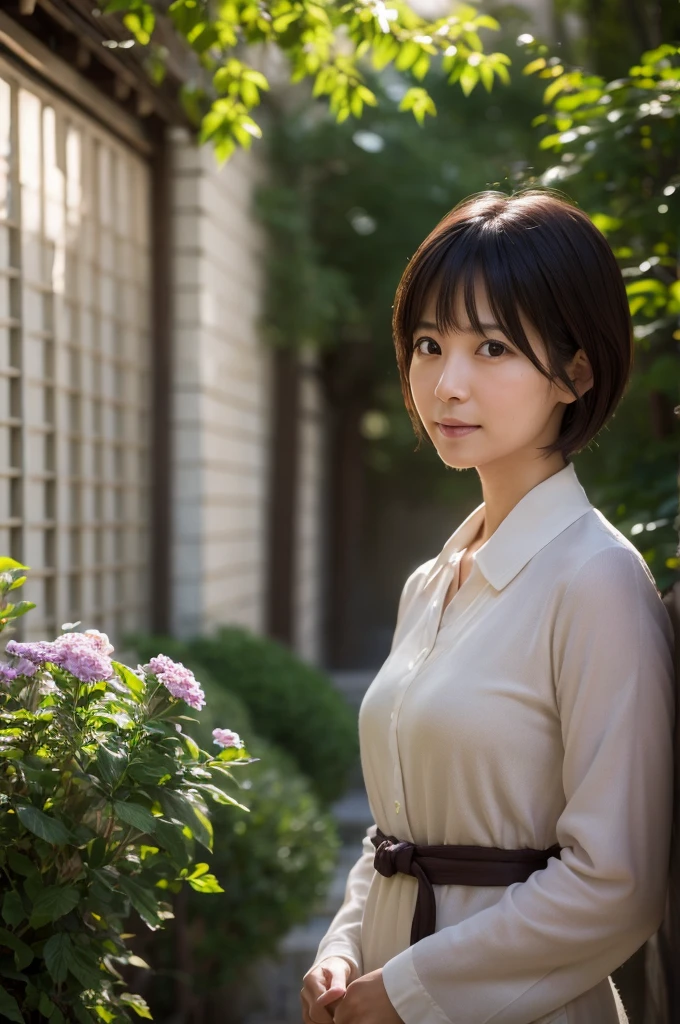 Ultra high resolution, masterpiece, best quality, super detailed, extremely delicate and beautiful, cinematic light, detailed environment, real, 8k, RAW photo, realistic, photo-realistic, extremely detailed, photography, amazing, finely detailed, solo, a 40-year-old Japanese female high school teacher, with short hair, full-body photograph, slight smile, sunlight casting soft shadows, standing in front of a tree, Looking away