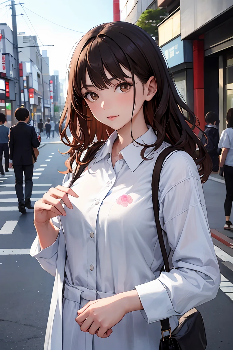 masterpiece, highest quality, Photo of a modern Caucasian European woman with wavy dark hair, Fine brown eyes, And a floral shirt on the streets of Tokyo