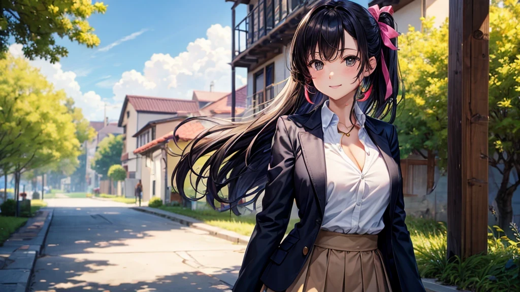 1girl, solo, summer, village, trees, sun, clouds, ((colorful hair)), long hair, curly hair, ponytail, large breasts, ((black blazer)), button down shirt, ((white shirt)), ((short sleeved shirt)), ((unbuttoned shirt)), unbuttoning buttons, cleavage 1:3, brown eyes, skirt, smile, looking at the viewer, standing, touching neck, hair ribbon, golden necklate