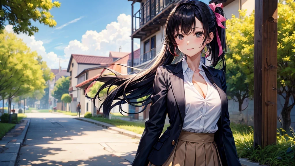 1girl, solo, summer, village, trees, sun, clouds, ((colorful hair)), long hair, curly hair, ponytail, large breasts, ((black blazer)), button down shirt, ((white shirt)), ((short sleeved shirt)), ((unbuttoned shirt)), unbuttoning buttons, cleavage 1:3, brown eyes, skirt, smile, looking at the viewer, standing, touching neck, hair ribbon, golden necklate