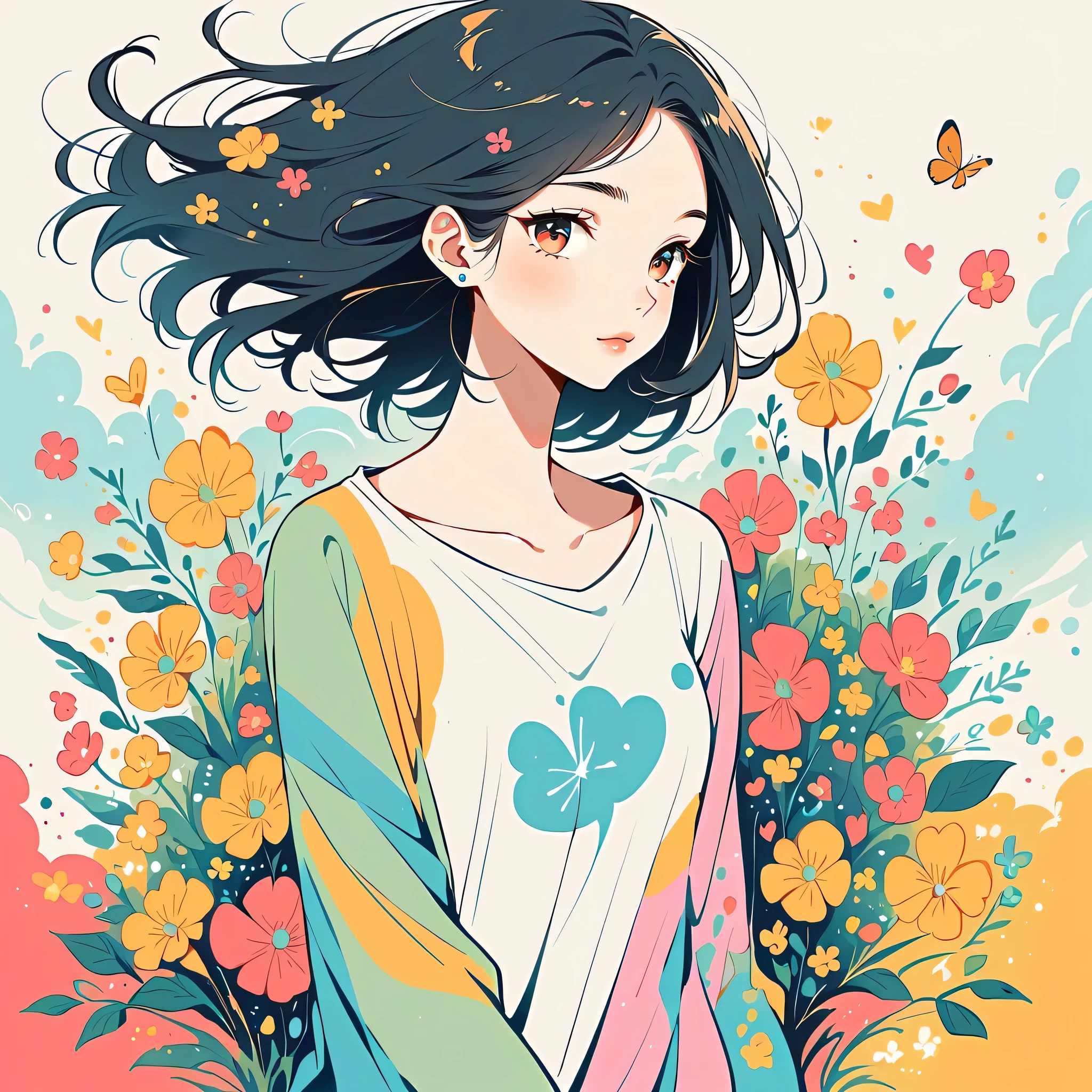 Mai Yoneyama style, Standing in front of a high wall,Simple Line Initialism,Abstract art,Urban Background, (((The most beautiful girl))), colorful flowers, Lips in Love