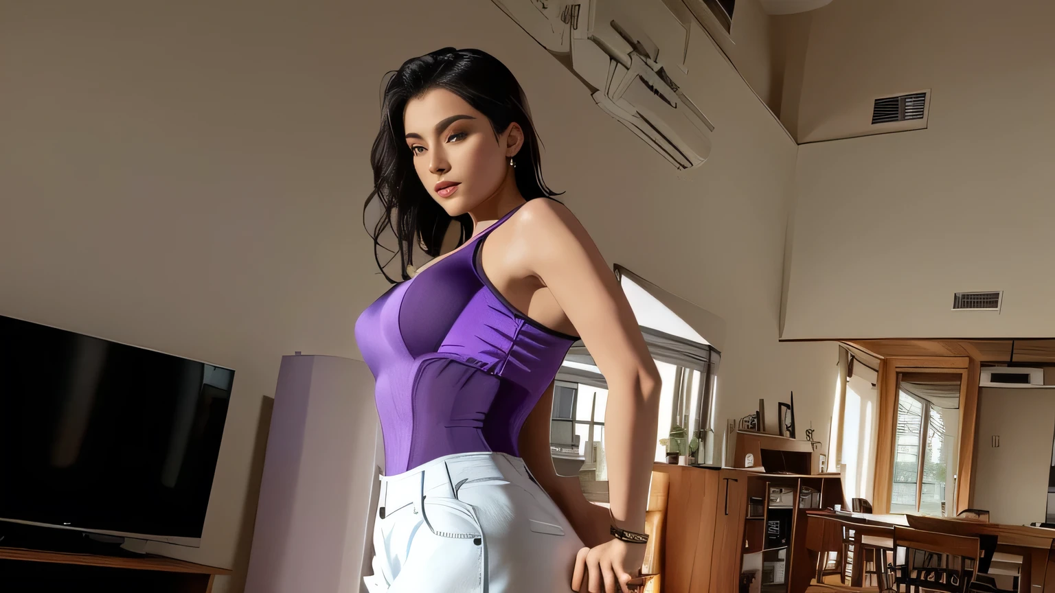 there is a woman standing in a living room with a remote, wearing purple undershirt, violet tight tanktop, middle shot waist up, waist - shot, wearing tanktop, view from the back, wearing leotard, wearing a camisole and shorts, wearing a low cut tanktop, wearing a tanktop, profile shot, very tight corset