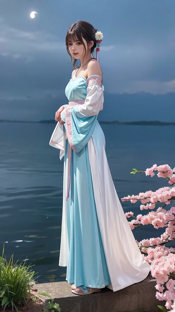 (highest quality，masterpiece), Beautiful teenage girl, Beautiful Goddess, ((Period costume, Hanfu, One Shoulder)), Beautiful hair accessories, night, Starry Sky, Cold Light, (pink, Cyan, White), ((From below)), ((Full Body Lesbian)), ((Realistic))