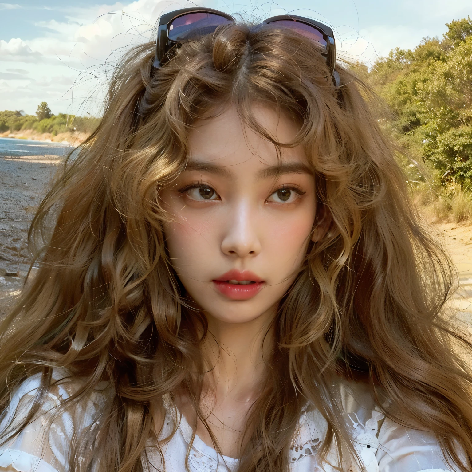 There's a woman with long hair and sunglasses posing for a photo, franja encaracolada, long messy curly hair, pele clara cabelo loiro cacheado, cabelo loiro cacheado | d & d, Charlie Bowater, cabelos ondulados espalhados, imogen poots d&paladino, messy curly hair, Kailee Mandel, sem maquiagem cabelos ondulados, corte de cabelo cacheado com parte do meio