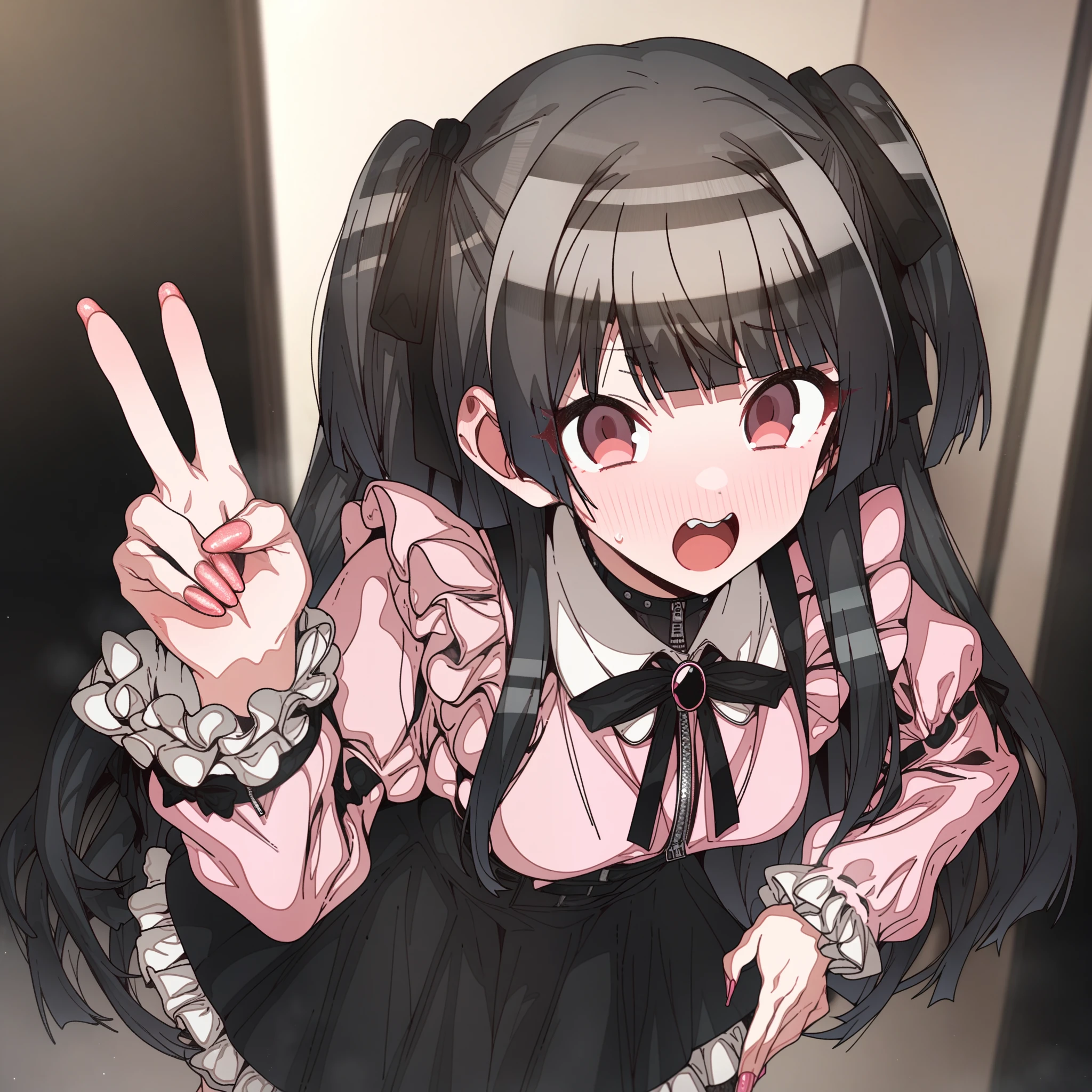Artist, erere, Copyrights, idolmaster, idolmaster_shiny_colors, Character, mayuzumi_fuyuko, General, 1girl, black_hair, black_necktie, black_ribbon, black_skirt, blunt_bangs, blush, breasts, v, brown_eyes, censored, frilled_sleeves, frills, jirai_kei, long_hair, long_sleeves, medium_breasts, miniskirt, neck_ribbon, necktie, open_mouth, pink_nails, pink_shirt, raised_eyebrow, ribbon, shirt, skirt, sweatdrop, teeth, two_side_up, upper_teeth_only, zipper_skirt, full_body, standing, white_backgroud, looking_at_viewer, facing_viewer, masterpiece, best_quality, great_quality, girl,