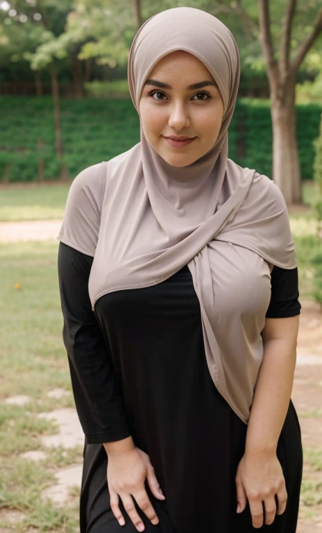 standing, solo, 1girl, mature female, hijab, short girl, long hijab, fat girl, fat body, beautiful face, cute face, sideboob, large breasts, thigh legs, areola slip, cleavage, leaning forward, hanging breasts, curvy, fat, arms up, looking at viewer, blush, parted lips, light smile, long black hair, black colour hair,