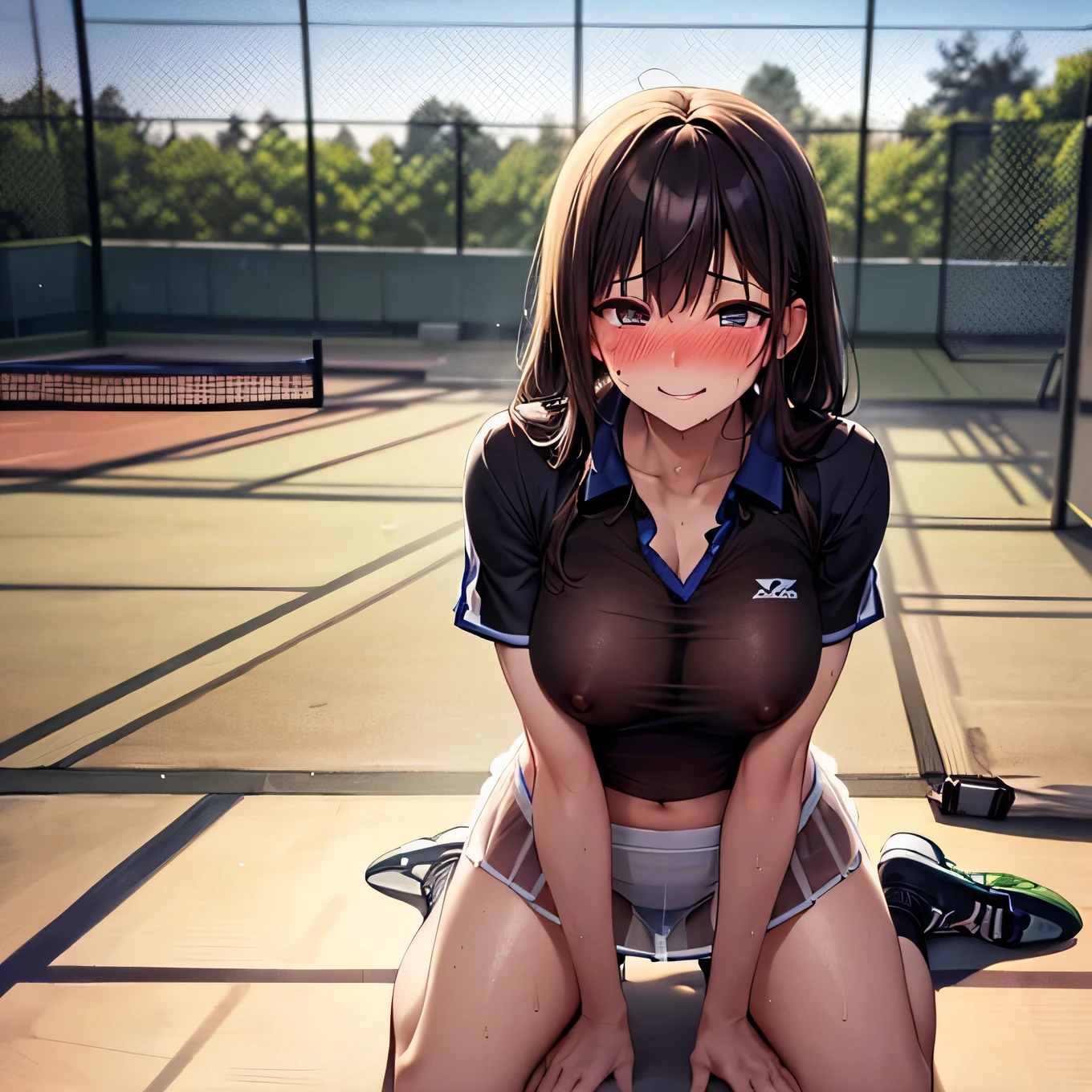 best quality,ultra-detailed,high resolution,extremely detailed CG,perfect anatomy,detailed,cinematic lighting,beautiful detailed eyes,ultra high res,(1girl),15years old,gleaming skin,oil skin,sweat,humid,trembling,strong light coming in,spot lighting,bright,revealing,nose blush,(shamefull:1.2), surprised, (embarrassed,blush:1.3),nsfw,(ecstasy:1.3) ,(slut:1.2),(vulgarity:1.3),(fucked silly:1.1),(steam:1.1),(wet:0.8),(trembling:0.8),(tears:0.7) ,(drooling:0.6),(sweat:0.8),(nsfw:1.2),(Tennis uniform:1.2),(Young:1.2),Japanese,(Tennis court:1.2),large breasts,(Random Hairstyles:1.2),Bold Pose,(full body:1.2),skirt,(Sheer tops:1.5),(underwear:1.0),Shyness,(lure:1.5),(Smile:1.3),Close your mouth