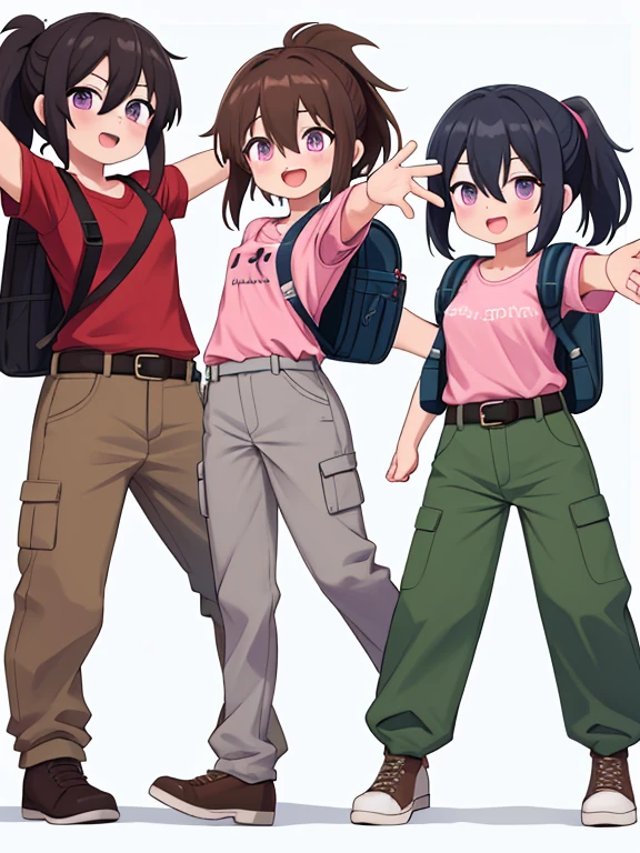 check_9, check_8_up, check_7_up, Best quality, masterpiece, source_аниме BREAK 1girl, Kuraue Hinata, One, ponytail, bag, backpack, open mouth, black hair, smile, Purple eyes, pink shirt, :D, I look at the viewer, full boDy, short sleeves, brown shoes, eyebrows visible through the hair, reD shirt, blush, green pants, clavicle, belt, brown trousers, t-shirt, hair between eyes, outstretcheD arm, white backgrounD, short ponytail, short hair, blue backgrounD, outstretcheD arms, , gray trousers, two-tone backgrounD, overalls, Armpit, baggy pants, outsiDe borDer, simple backgrounD, cross-laceD footwear