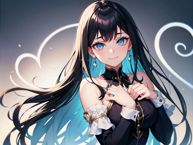 4K Girl with black hair, 17 years old, medium bust. Light blue eyes, long hair, left bow tied. Showing off her thighs, wearing earrings, clasping her hands together in a heart shape. With an evil smile on her face.