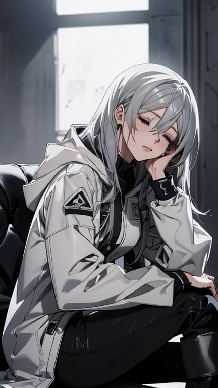 (Confused, High resolution, Very detailed), 1 female, Silver Hair,Long Hair,Black and white pilot suit,white hooded coat,Black Pants,Knee-high boots,24th generation,beauty,mature,thin,quiet,Calm,Sleeping,Sitting cross-legged,conference room,sofa