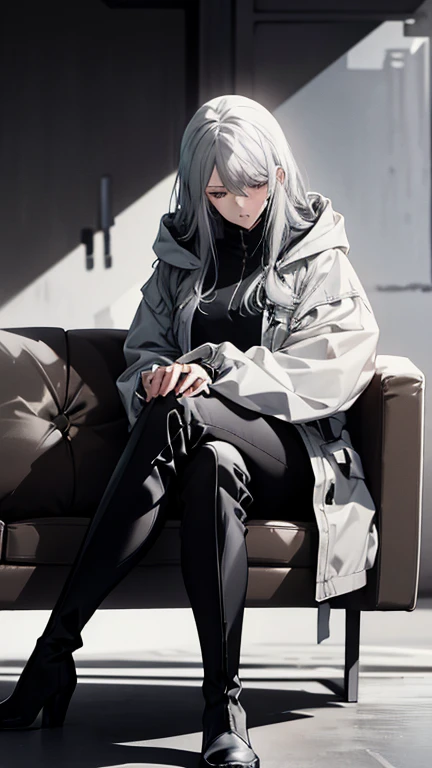 (Confused, High resolution, Very detailed), 1 female, Silver Hair,Long Hair,Black and white pilot suit,white hooded coat,Black Pants,Knee-high boots,24th generation,beauty,mature,thin,quiet,Calm,Sleeping,Sitting cross-legged,conference room,sofa