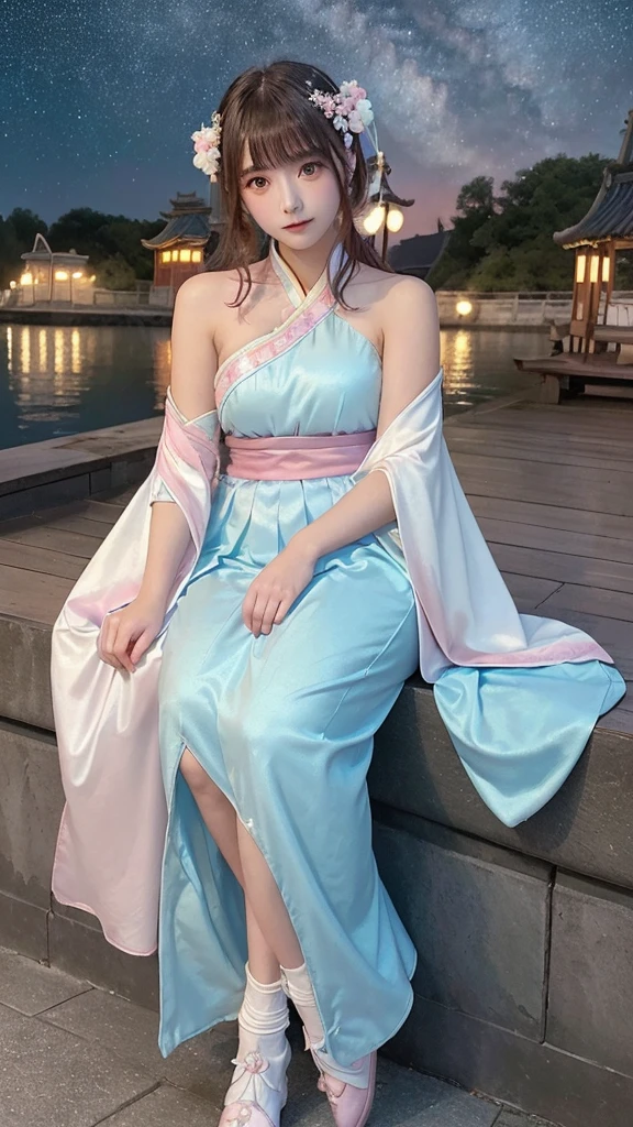 (highest quality,masterpiece), Beautiful age girl, Beautiful Goddess, ((Period costume, Hanfu, One Shoulder)), Beautiful hair accessories, night, Starry Sky, Cold Light, (pink, Cyan, White), ((From below)), ((Full Body Lesbian)), ((Realistic))