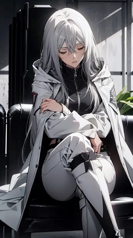 (Confused, High resolution, Very detailed), 1 female, Silver Hair,Long Hair,Black and white pilot suit,white hooded coat,Black Pants,Knee-high boots,24th generation,beauty,mature,thin,quiet,Calm,Sleeping,Sitting cross-legged,conference room,sofa