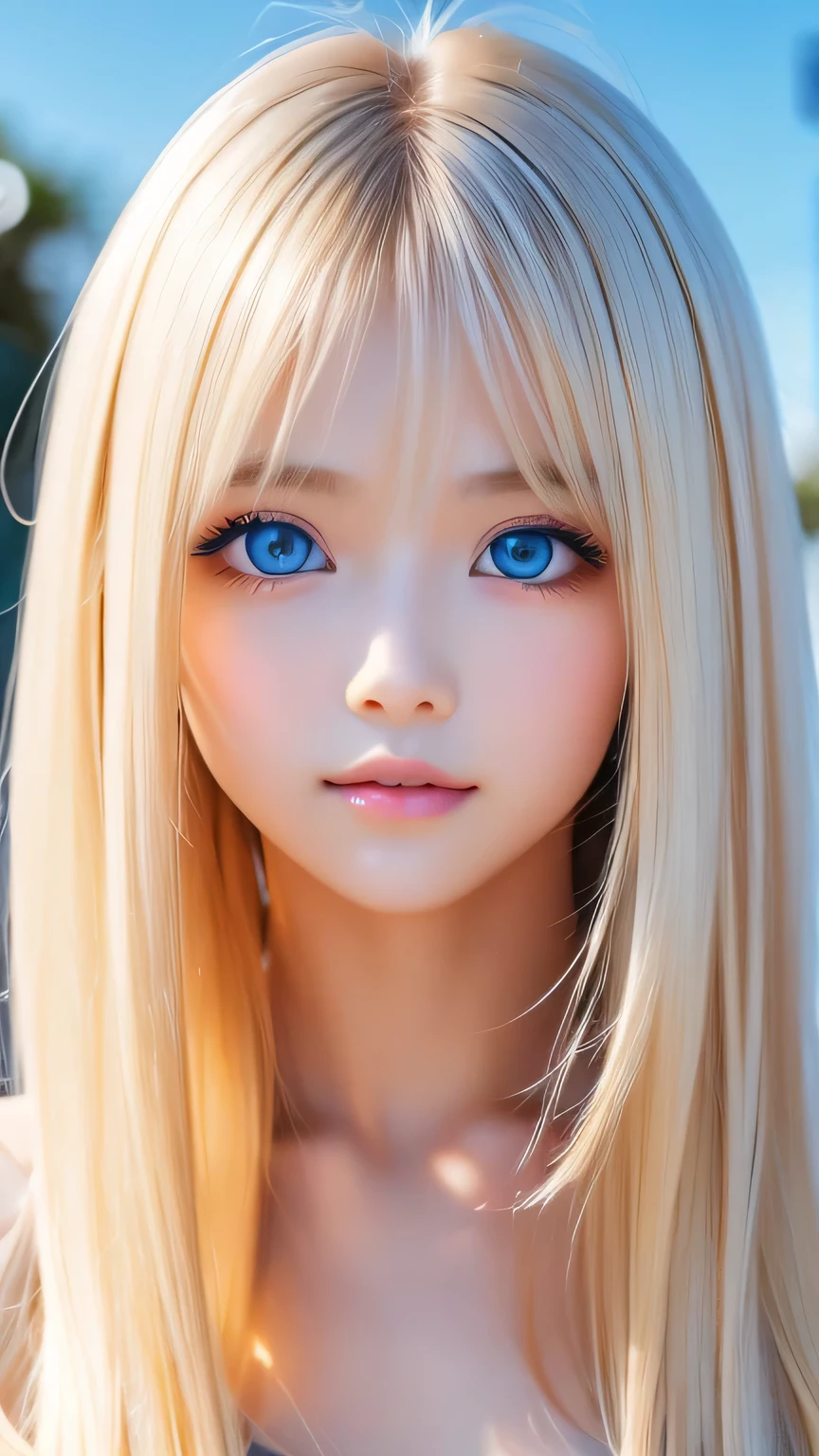 A perfectly beautiful face、Super long messy silky beautiful blonde、Beautiful cute girl 、Sexy and very beautiful cute face、Beautiful cute sexy bright pale sky blue big eyes、Long beautiful bangs、Very super long beautiful blonde shiny silky hair、Very white skin、Cheek gloss、Glossy Skin、eyeliner、A peerless beauty、Hair above the eyes、片Hair above the eyes、Hair between the eyes、