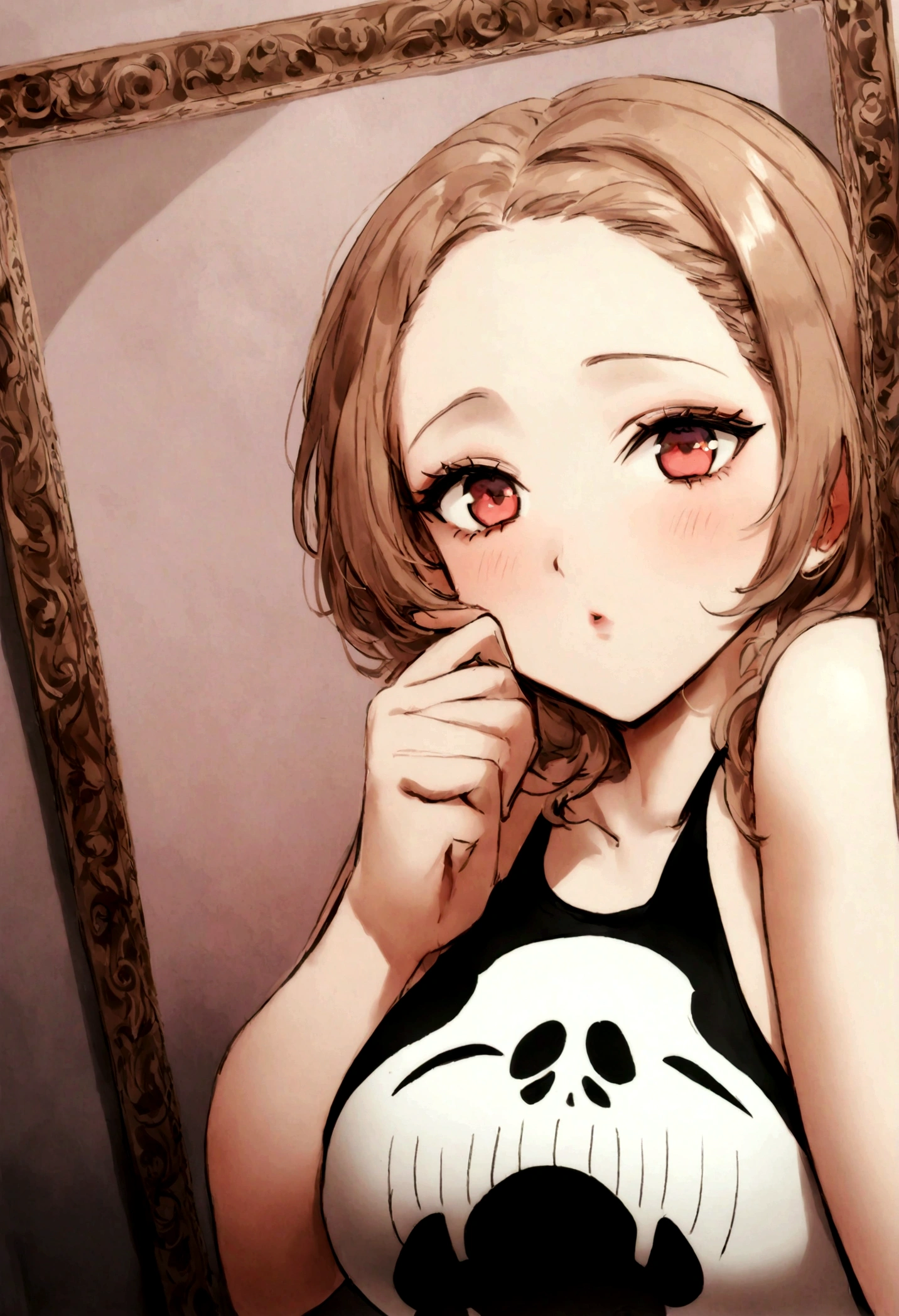Femme arafée avec des vêtements noirs, fille sexy aux yeux marrons, gros seins, Portrait de Sophie Mudd, cheveux bruns et grands yeux, selfie d'une jeune femme, Yeux de chambre, violette myers, sans maquillage, maquillage naturel, regarder directement la caméra, ferme ta bouche, a l'Seductive air, visage avec artgram, maquillage subtil, superbe photo de tout le corps, dans la chambre, clivage