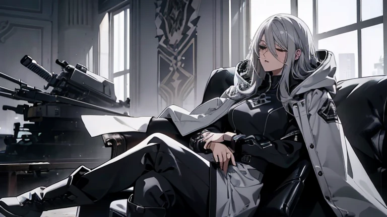 (Confused, High resolution, Very detailed), 1 female, Silver Hair,Long Hair,black pilot suit,white hooded coat,Black Pants,Knee-high boots,24th generation,beauty,mature,thin,quiet,Calm,Sleeping,Sitting cross-legged,conference room,sofa