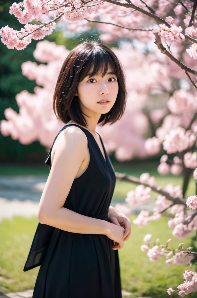 Ultra high resolution, masterpiece, best quality, super detailed, extremely delicate and beautiful, cinematic light, detailed environment, real, 8k, RAW photo, realistic, photo-realistic, extremely detailed, photography, amazing, finely detailed, solo, a 33-year-old Japanese female high school teacher, with short hair, full-body photograph, slight angry, sunlight casting soft shadows, standing in front of a cherry tree, Looking away