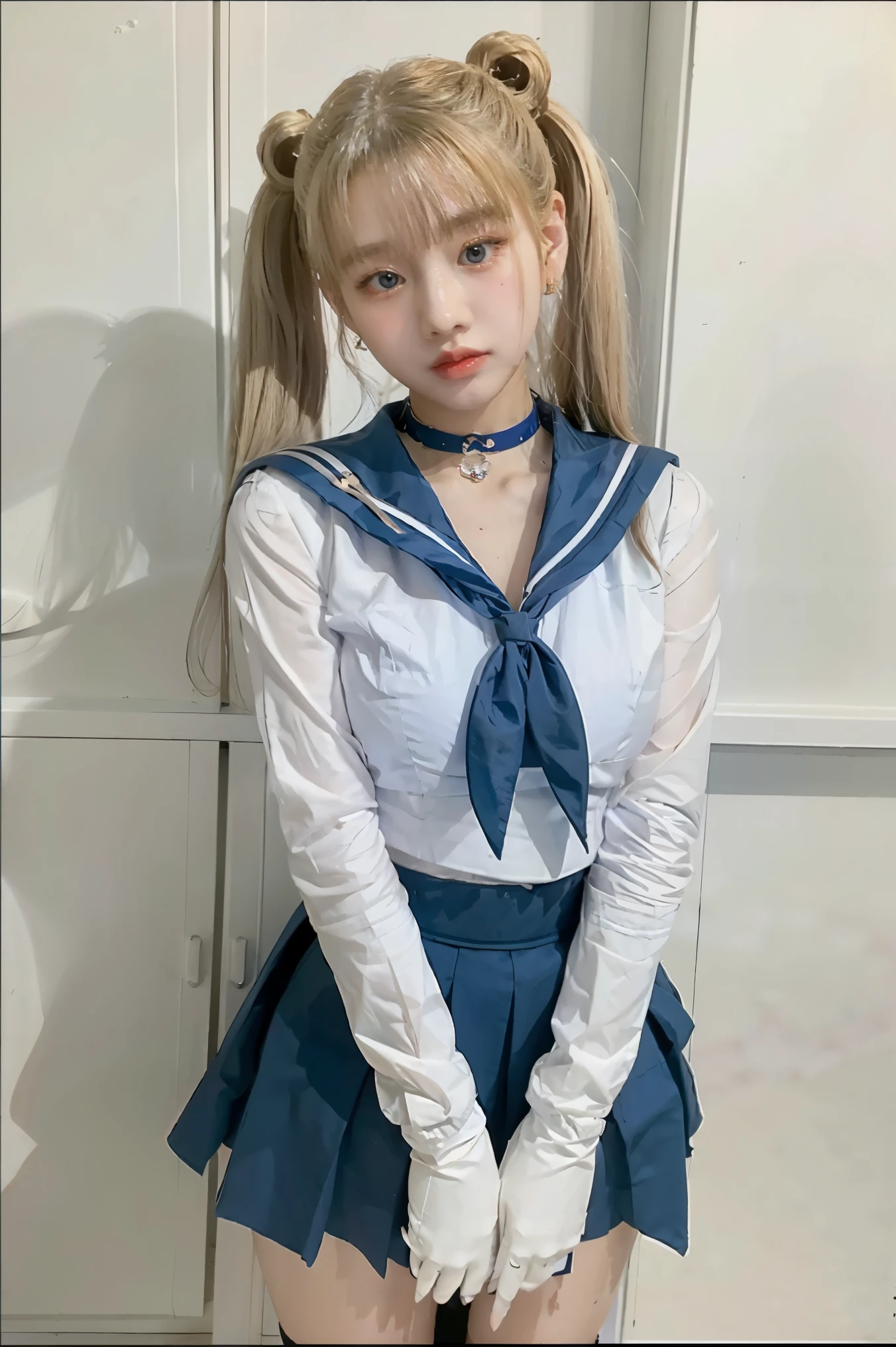 masterpiece, best quality, sailor moon,1girl, long hair,jewelry, sailor senshi uniform, blue sailor collar,blonde hair, red choker,white gloves, twintails, red bow, blue skirt, blue eyes, hair bun,
