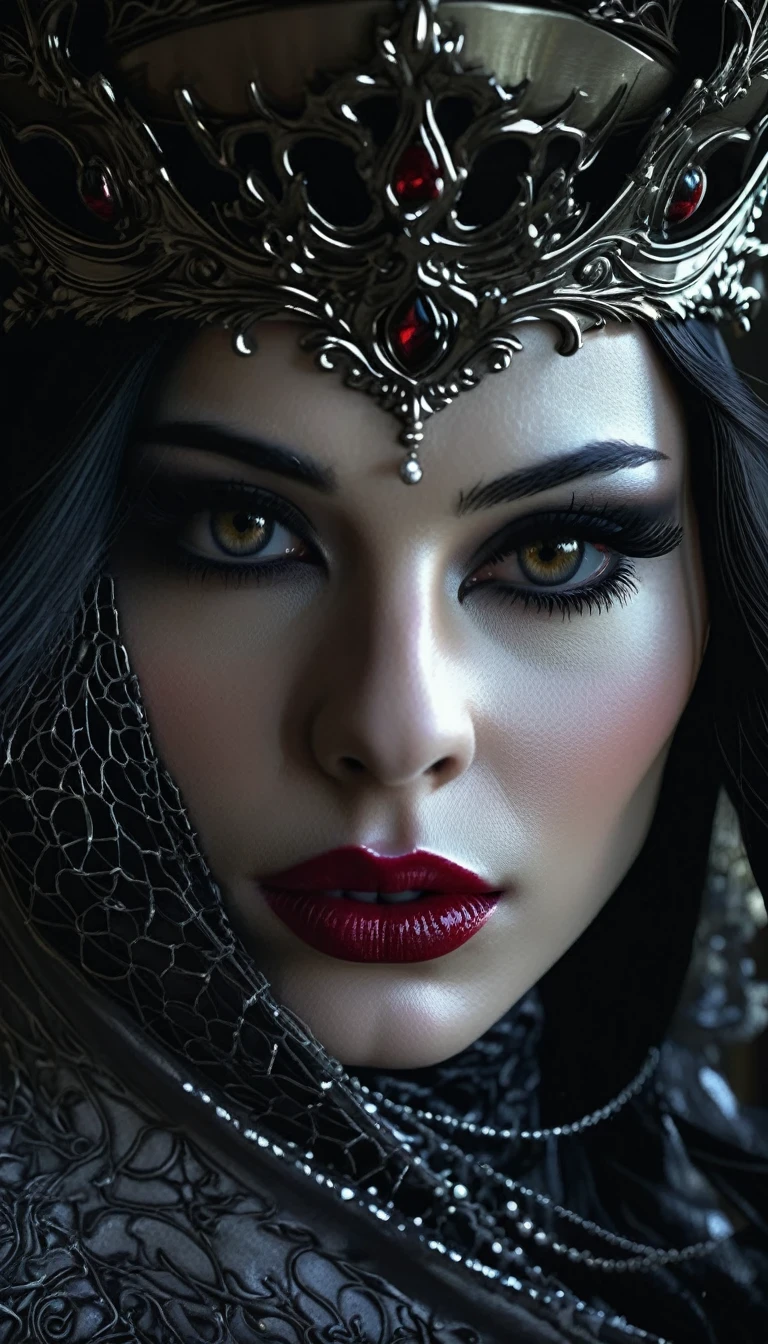 a close up portrait of a demonic face, beautiful detailed eyes, beautiful detailed lips, extremely detailed eyes and face, long eyelashes, sharp cheekbones, porcelain skin, flowing hair, decorative crown, dramatic lighting, dark moody colors, cinematic, dramatic, gothic, cecil beaton style, (best quality,4k,8k,highres,masterpiece:1.2),ultra-detailed,(realistic,photorealistic,photo-realistic:1.37)