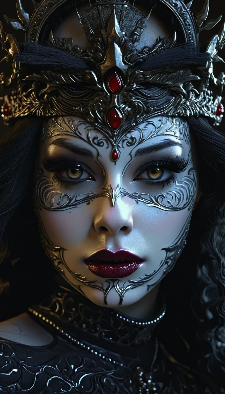 a close up portrait of a demonic face, beautiful detailed eyes, beautiful detailed lips, extremely detailed eyes and face, long eyelashes, sharp cheekbones, porcelain skin, flowing hair, decorative crown, dramatic lighting, dark moody colors, cinematic, dramatic, gothic, cecil beaton style, (best quality,4k,8k,highres,masterpiece:1.2),ultra-detailed,(realistic,photorealistic,photo-realistic:1.37)