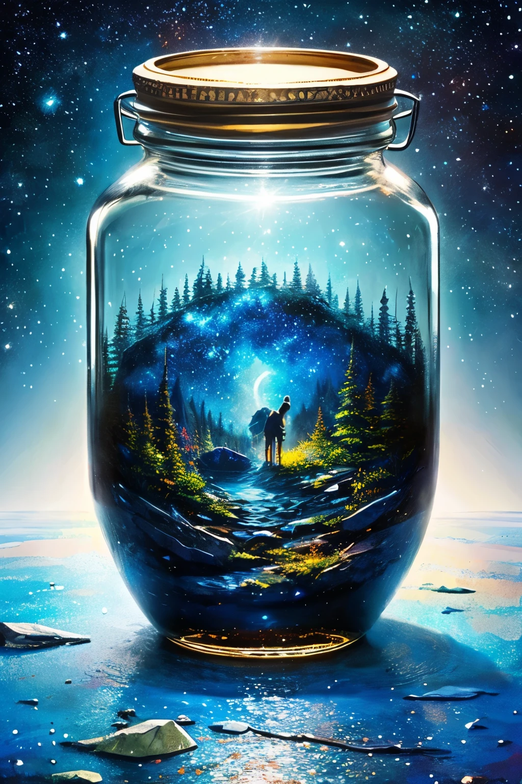 masterpiece、top-quality、(Very delicate and beautiful starry sky landscape trapped in a jar)、world masterpiece theater、high-resolutionisometric、top-quality、illustratio、Impasto、canvas、an oil painting、realism、realisitic