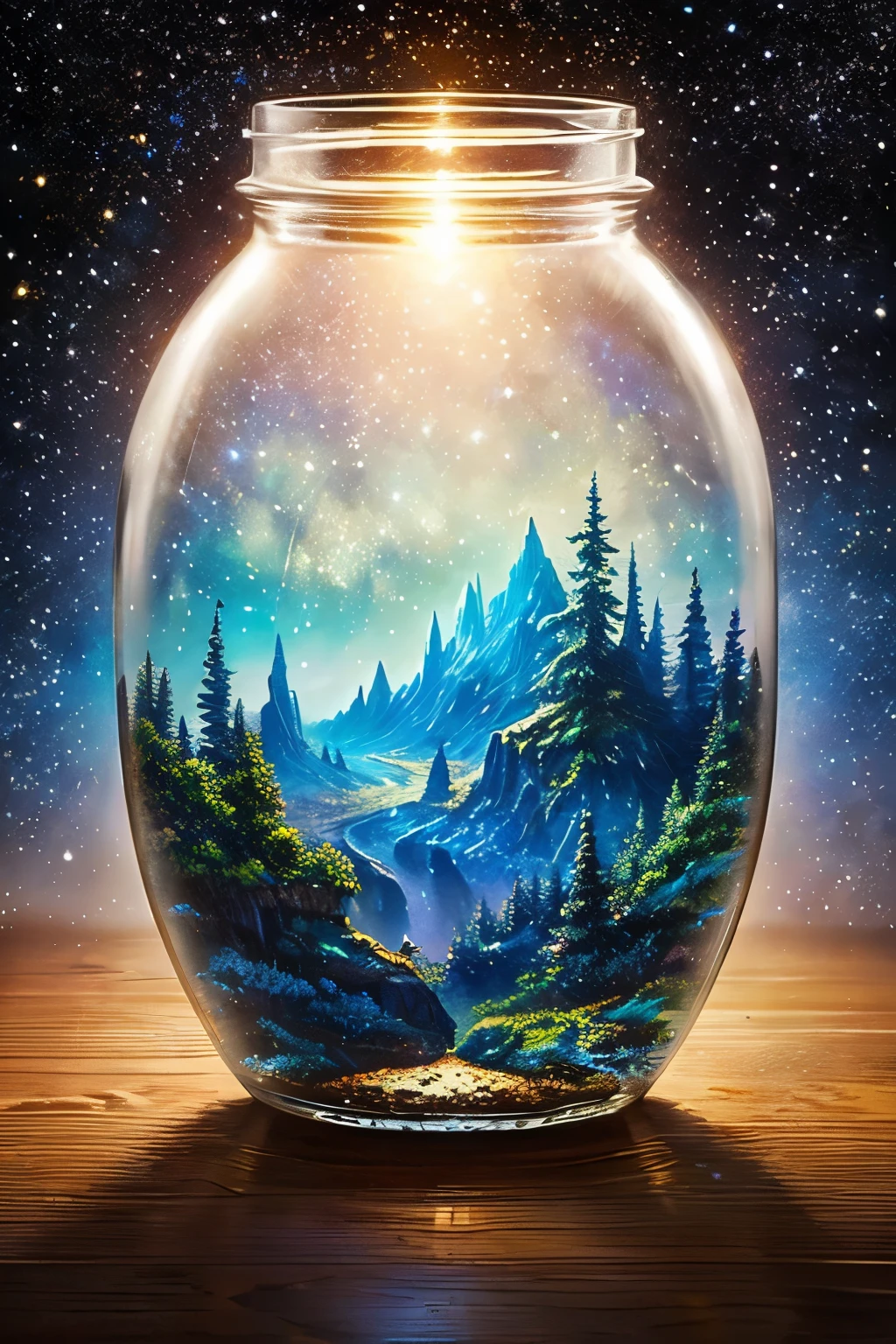 masterpiece、top-quality、(Very delicate and beautiful starry sky landscape trapped in a jar)、world masterpiece theater、high-resolutionisometric、top-quality、illustratio、Impasto、canvas、an oil painting、realism、realisitic