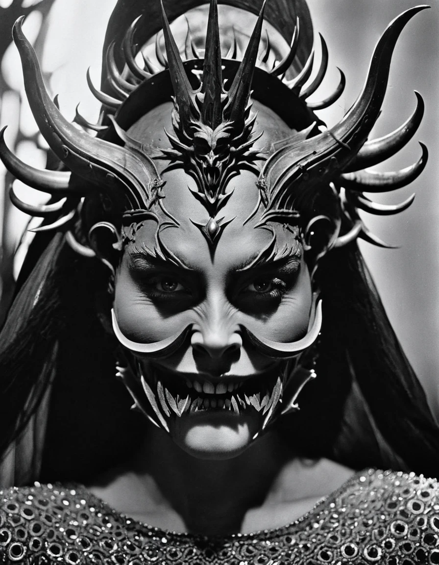 Close-Up of Face，Close-up of face，Demon's Crown, in style of Cecil Beaton