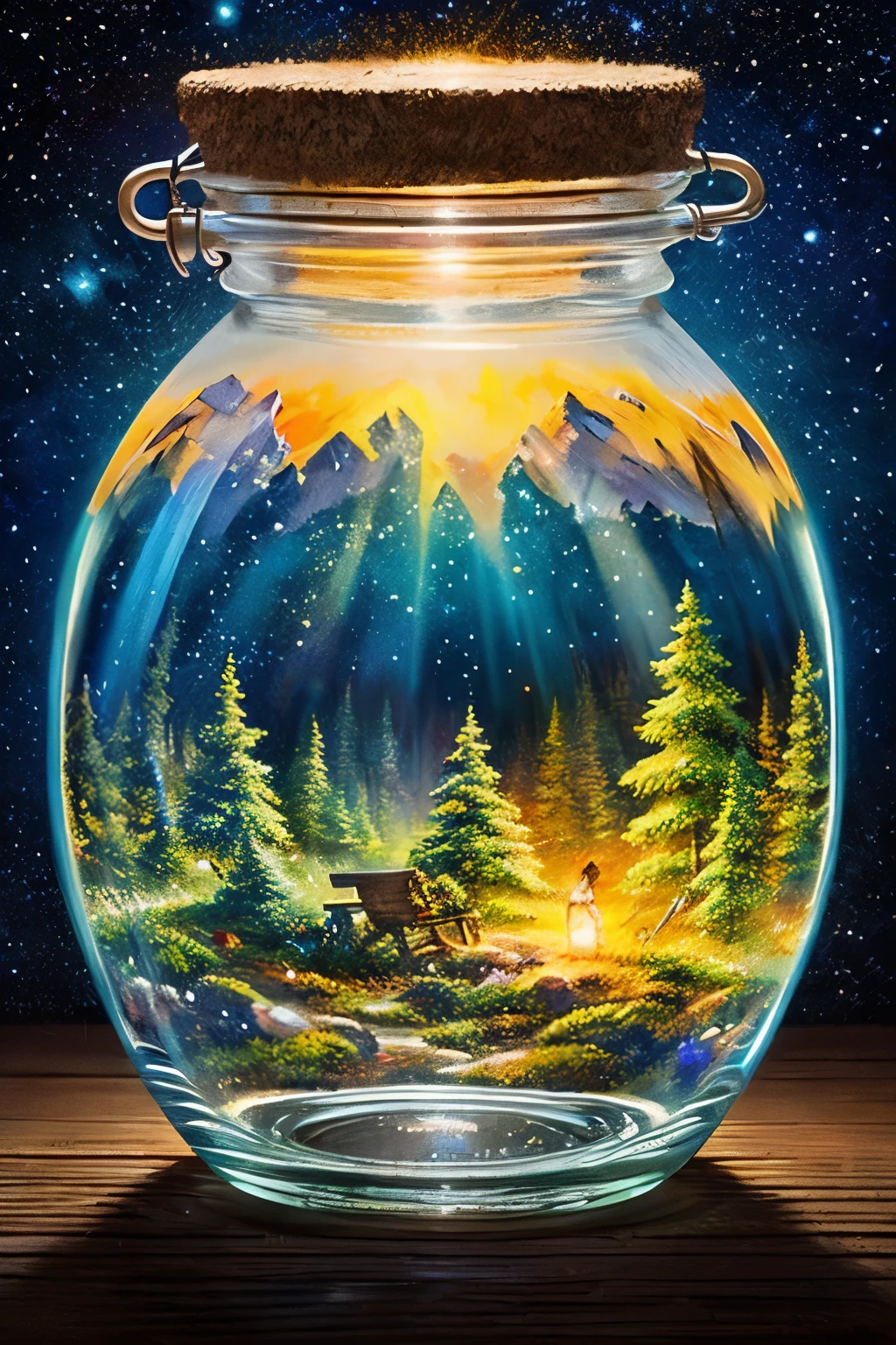 ​masterpiece、top-quality、（Very delicate and beautiful starry sky landscape trapped in a jar）、world masterpiece theater、high-resolutionisometric、top-quality、illustratio、Impasto、canvas、an oil painting、realism、realisitic