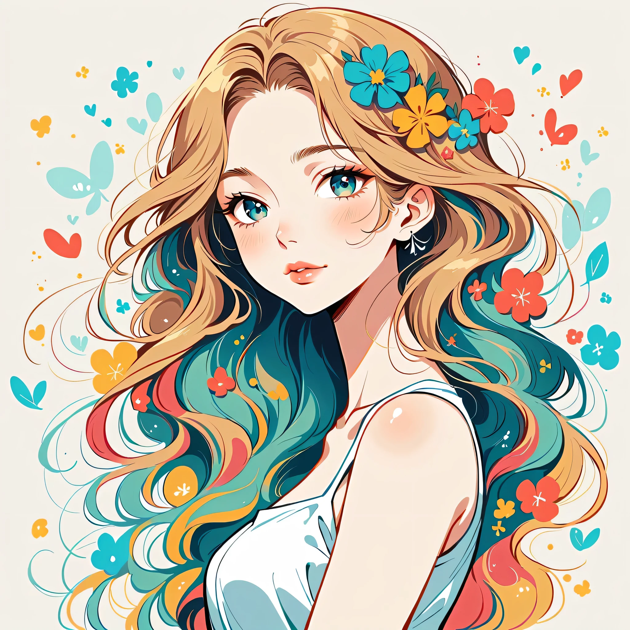 Mai Yoneyama style, Standing in front of a high wall,Simple Line Initialism,Abstract art,Urban Background, (((The most beautiful girl))), colorful flowers, Lips in Love
