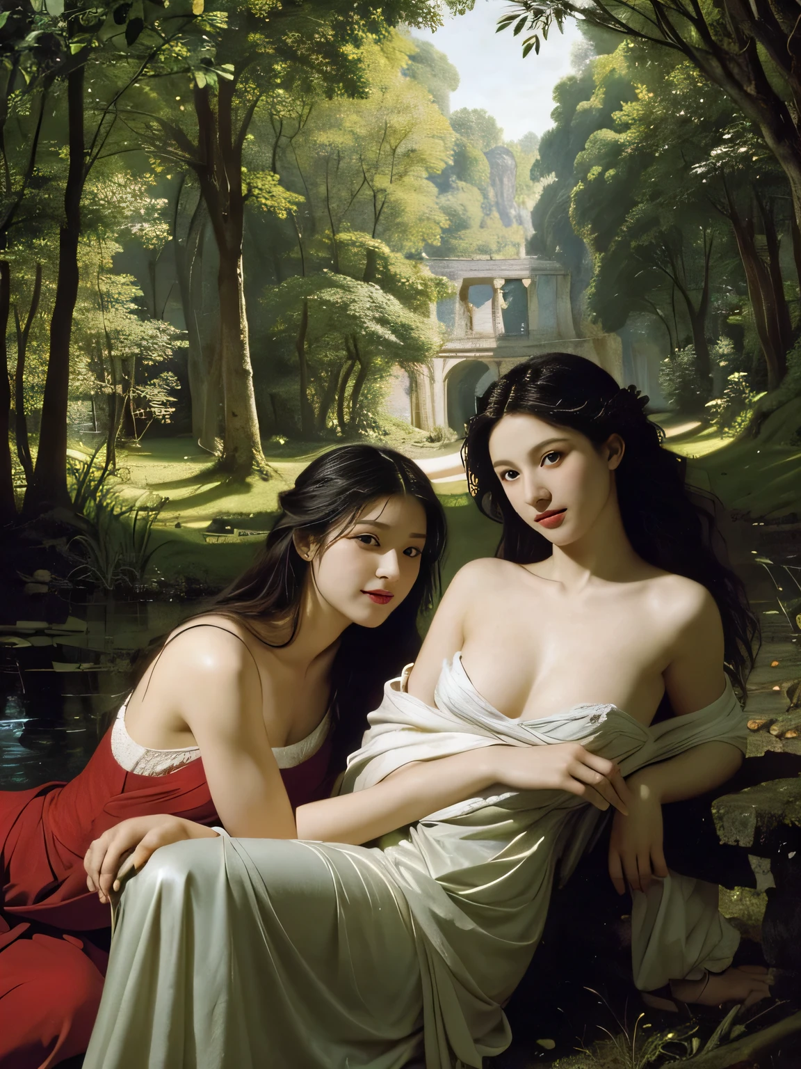 Giorgione painting style,Barbizon forest A beautiful woman in Greek dress smiles on the shore,Sweet and seductive appearance.、Caravaggio's paintings、Chiaroscuro of Caravaggio、hair tousled by the wind,Two women frolicking,cute smile, expression of ecstasy,Sexy,erotic
