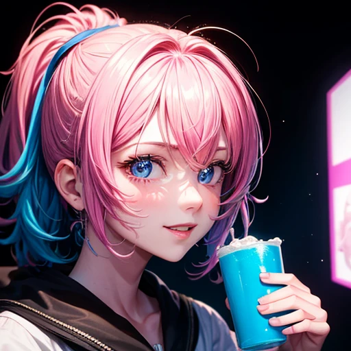Close up of kfukvf-1990, smile, Blue and pink hair, Portrait of a person, Inspired by Cindy Sherman, Unsplash, Red and Cinematic Lighting, Young teenage girl portrait, Fisheye Portrait, XF35mmF1.4R, f/2.8, 35.0mm, 1/200, ISO500
