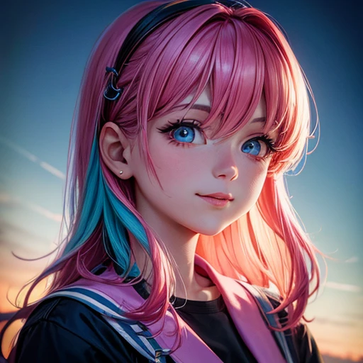 Close up of kfukvf-1990, smile, Blue and pink hair, Portrait of a person, Inspired by Cindy Sherman, Unsplash, Red and Cinematic Lighting, Young age girl portrait, Fisheye Portrait, XF35mmF1.4R, f/2.8, 35.0mm, 1/200, ISO500