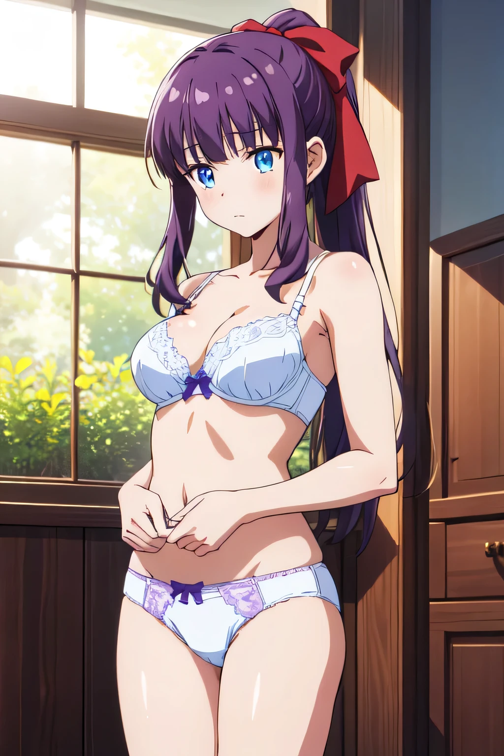 1girl,alone,ouka makuzawa,masterpiece,good lighting,looking at the viewer,best quality,high resolution,Ultra detailed,detailed eyes,smooth and soft skin,light skin,long hair,magenta hair,braid,purple eyes,costume bath, flower, bikini, outdoors, ruffles, striped, shiny, hair flower, shiny hair, arms behind the back, single bikini top, ruffled bikini, striped bikini, bench, big breasts, medium waist, wide hips,medium thighs,curvy body,dynamic pose,cowboy shot,smile, open mouth,((1girl)),((solo)),standing,cowboy shot,looking back,from behind,((focus on ass),pov(from below), interior, beach house, beach, sea, sunny, perfect anatomy, perfect hands