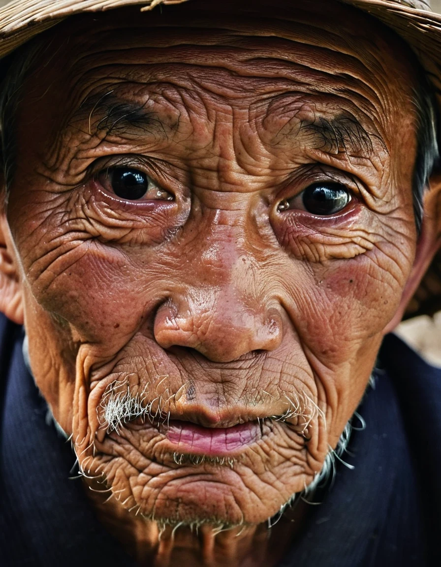 Close-Up of Face，Close-up of the face of an old Chinese farmer