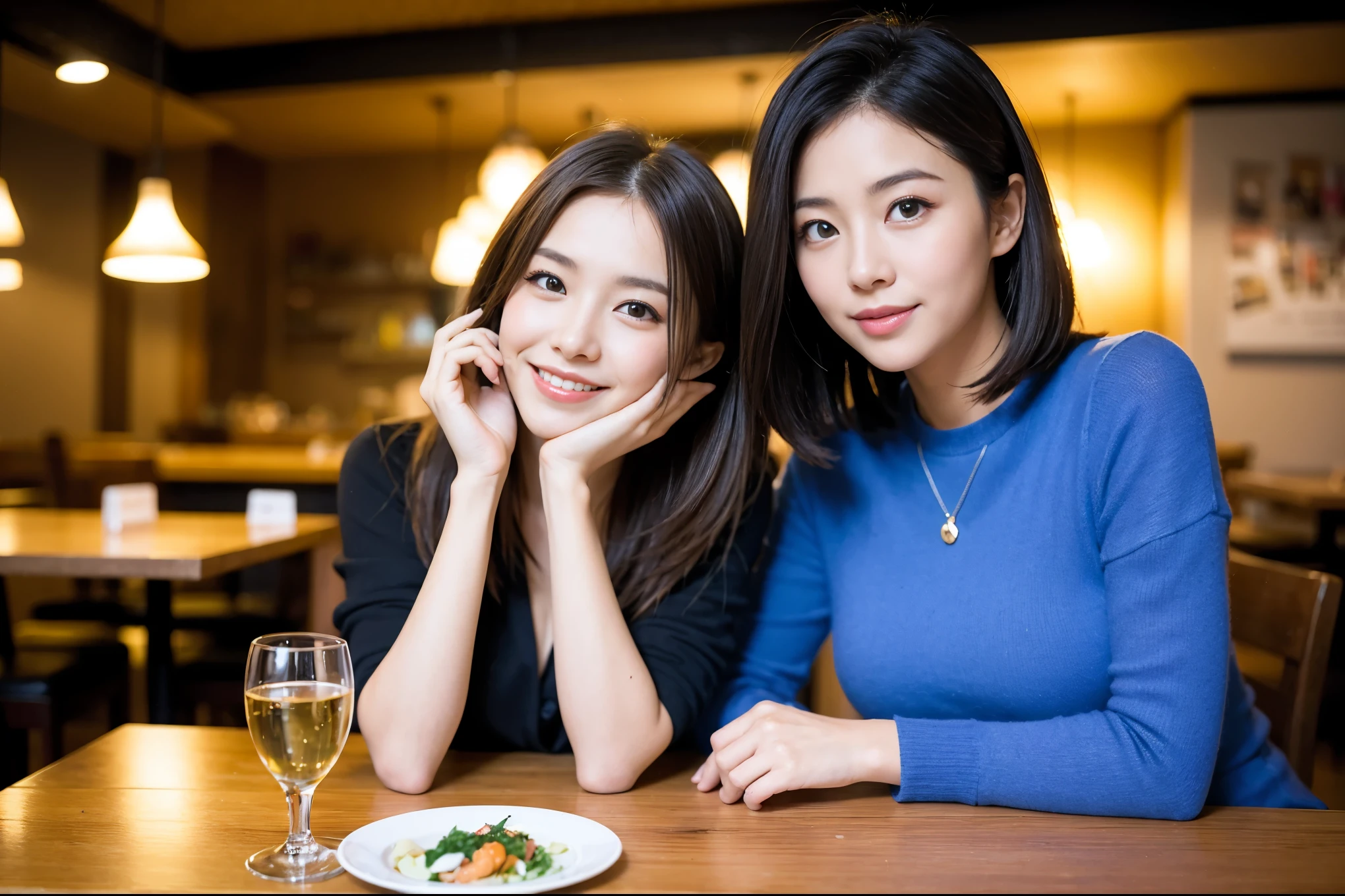 ((highest quality、8k、masterpiece:1.3))、1 male、1 female、Couple、Spouse、Satomi Ishihara-like beautiful couple、The body is slim、((Bob Hale、Straight hair:1.2)), (Realistic, Intricate details:1.2), Wine glass on the table、Put the light on your face、 Amazing view of the sunset sky and clouds、Amazing mountain views、A bright smile、The wonderfulness of smile、Bright image、The beauty of wine, Beautiful Face, blue eyes, The light shines on your face, Blushing, short hair,Bright Face、 (43 years old), 39 years old, red wine 、Appetizers、Italian food、Wine bottle、Champagne、sparkling wine、Two beauties、Brown Hair、Shortcuts、Long sleeve shirt、dress、Pretty Woman 1, (Slim face), (The body is slim), (Brown Hair), (Shortcuts), cheeks turn a little red,Attractive beauty、restaurant, In a prominent place (From the waist up) Nova Frog Style, actress, model, Upper Body, White wine, slim, wine glass, A wine glass placed in the center, smile, (smile: 1.15), Beautiful fine grain, Depth f/2,saturation, High Contrast, Strong light and shadow,Moist Body:1.5、3D texture、Delicate eyes、Brown Hair、The hair is very shiny、