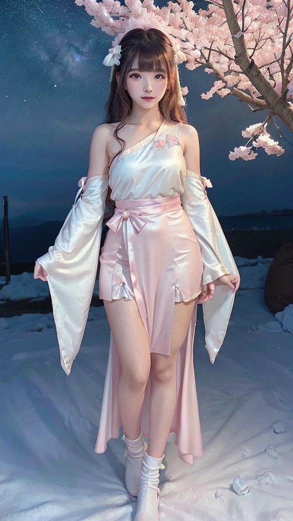 hanfu, ((bare shoulders)), ((whole body)), actual, Fashion girl, red lips, mature women, cosmetic, big eyes, beautiful eyes, ((whole body)), ((from below)), (best quality, masterpiece:1.2), super detailed, (actual:1.37), ((Sexy long legs)), beautiful, young and energetic, Charming model with, big breasts, cleavage, very beautiful legs, Panoramic long legs, (exquisite eyes, Detailed lips, extremely exquisite eyes), Show a bright smile, Create stunning girl images, warm color, Extremely high color saturation, official art, Extremely detailed CG unified 8k wallpaper,(high dynamic range :1.4), (cinematic),(pastel colors, The color is dull, soothing tone :1.3), (natural skin texture, ultra-actual, soft light, sharp),(Very detailed), night, moonlight, ((in the mountains, plant, Leaning against the rocks))