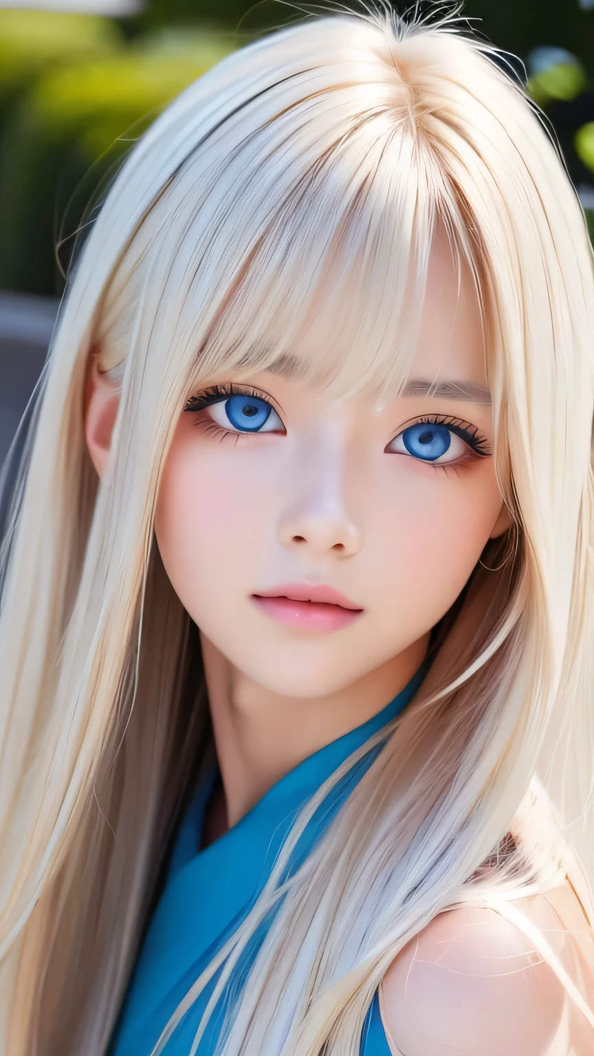 A perfectly beautiful face、Super long messy silky beautiful blonde、Beautiful cute girl 、Sexy and very beautiful cute face、Beautiful cute sexy bright pale sky blue big eyes、Long beautiful bangs、Very super long beautiful blonde shiny silky hair、Very white skin、Cheek gloss、Glossy Skin、eyeliner、A peerless beauty、Hair above the eyes、片Hair above the eyes、Hair between the eyes、