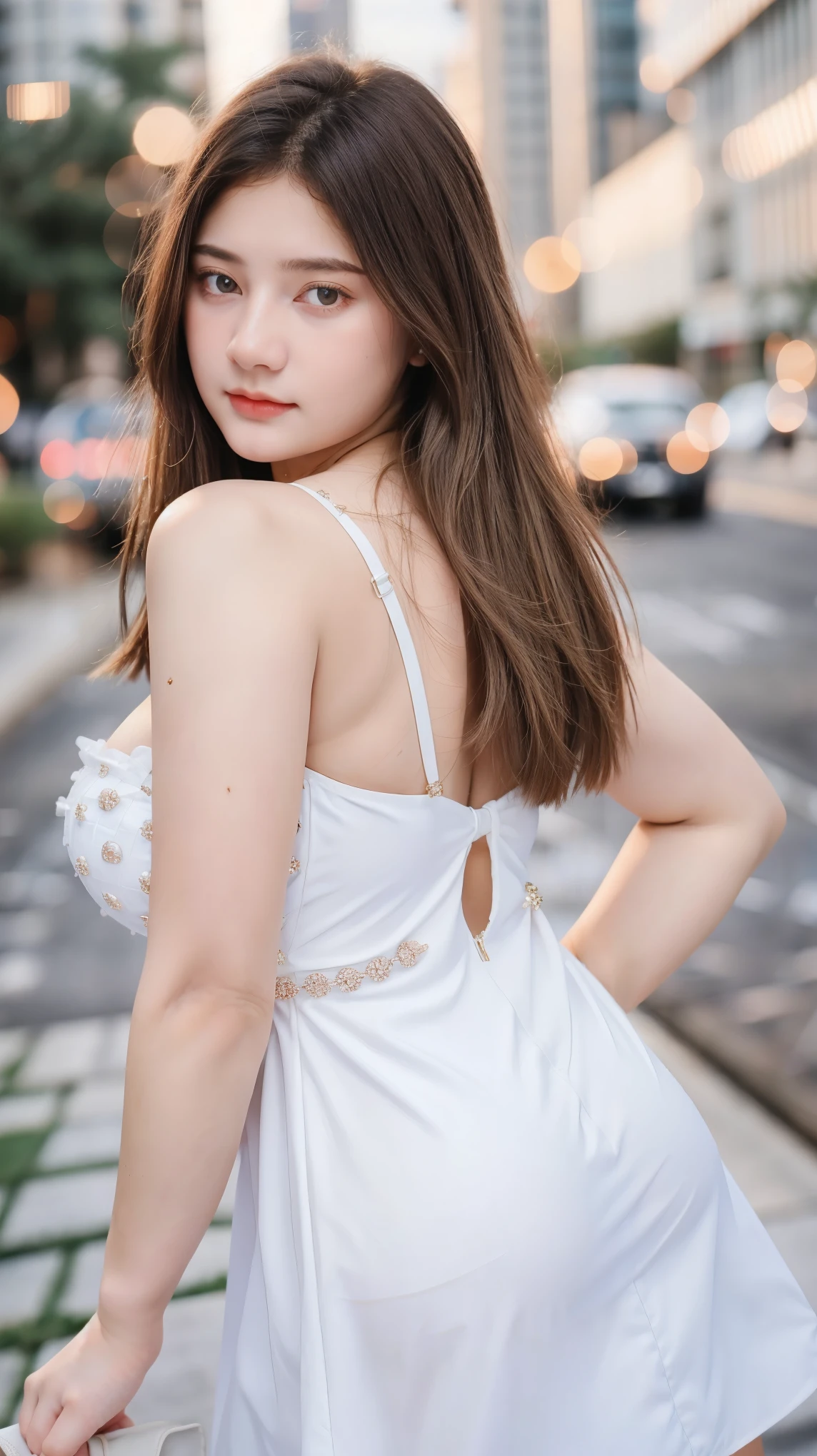 Gorgeus Girl, Beautiful, , 18 Years Old, White Skin, Colossal Breasts, Front Facing, Dynamic Pose, Cleavage, White Classy Checkered Dress, Black Eye, ((Bokeh:1.3)), Modern Place Background, Masterpiece, Medium Bob Hair