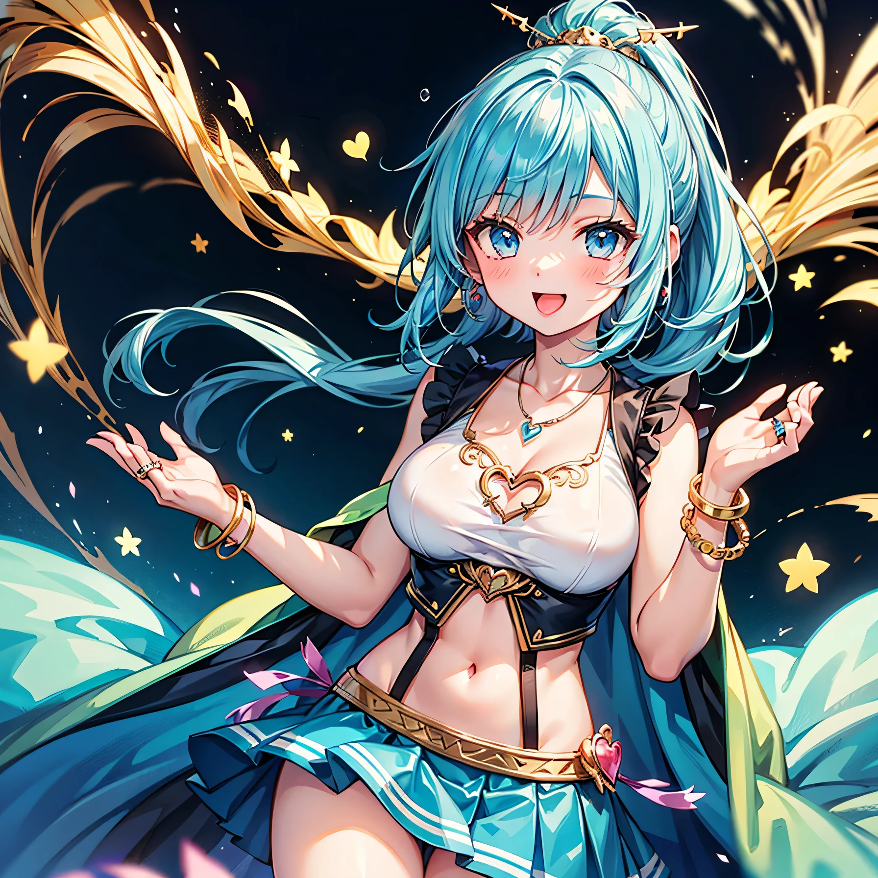 Anime Moe Art Style,highest quality,High resolution,Anatomically correct,One Girl,Mid-teens,A girl with light blue hair in a ponytail,Super detailed,Fantasy World,Sleeveless blouse,flare skirt,Big Breasts,A rich expression,Laughing with your mouth open,Making a heart symbol with hands,Eyes drawn in detail,hair ornaments,necklace,bracelet,ring,8K