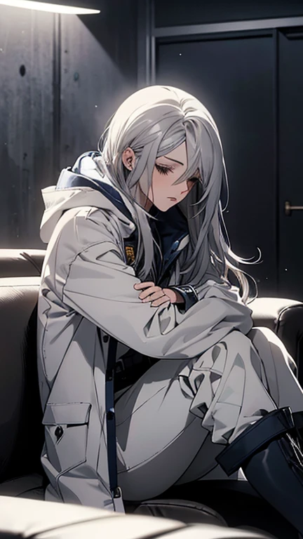 (Confused, High resolution, Very detailed), 1 female, Silver Hair,Long Hair,Navy and white pilot suit,white hooded coat,Black trousers,Medium Boots,24th generation,beauty,mature,thin,quiet,Calm,Sleep,Sitting cross-legged,conference room,sofa