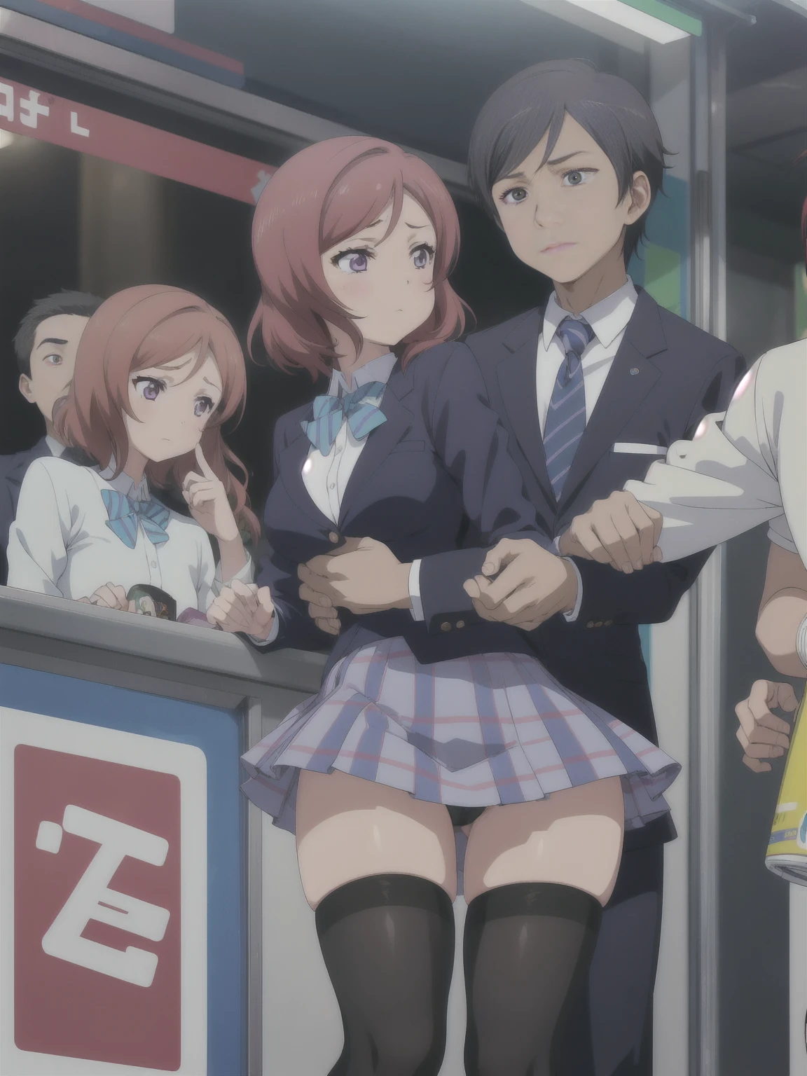 (Affirmative prompts)
(1 girl)++, (masterpiece)+++, (highest quality)+++, (Super cute)+++, lovelive!, Anime Color, , tears, (vapor)+++ , Being abused ,feigned ignorance, wearing blazer whiteshirt ,Check skirt , (Roll up your shirt), Bra is out of place ,arched back, Crowded train, (Many men standing behind a girl )++, Dynamic pose, Dynamic hand movements, (Grab your chest)+++, A man grabs a woman's arm , (Hands frying), (Floating Hand), (Grab from behind), The image shown is、Generated in stable diffusion。 ✧ (*´ `*) ✧ ° The prompt is:. To get your favorite images、You may need to generate multiple images at once。.Panty shot、Brasilia、erotic、Molester、Maki Nishikino