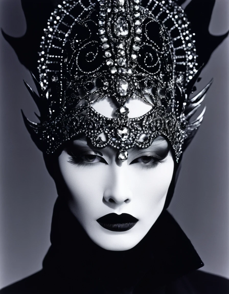 Close-Up of Face,(Macro),Demon's Crown, serge lutens style,in style of Cecil Beaton