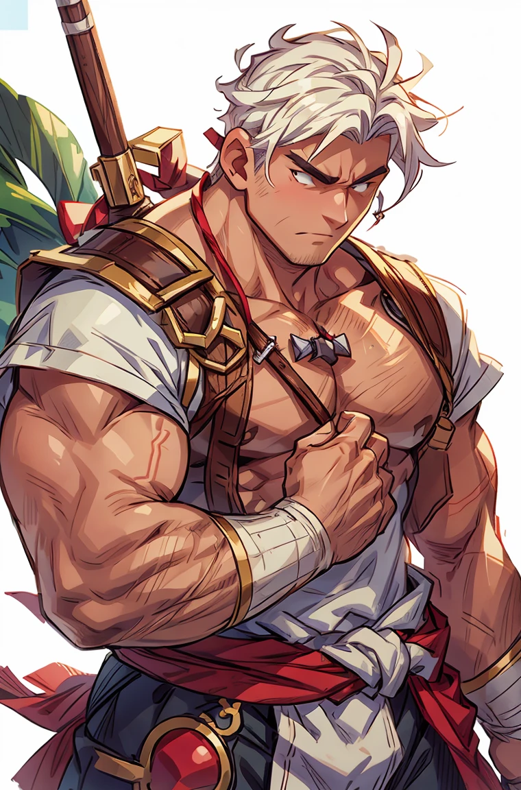 向观众炫耀Thick arms,Close-up of weapons,Show your shoulders,Thick arms,highest image quality,Men,,1 boy,young and beautiful,exhibit,white hair,Short straight hair,Dark Skin,cartoon,cartoon壁纸,Solitary,Male focus,Chest muscle expansion,outstanding,(Main part, best quality),red,